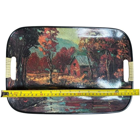Vintage Mid Century Serving Tray Village Scene Handles Retro Kitchen Decor Japan - Picture 4 of 7